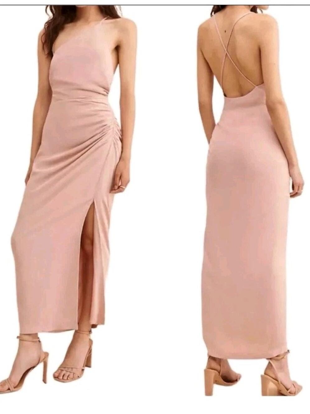 Anthropologie Ruched Asymmetrical Pink Linen Blend Maxi Dress US 2